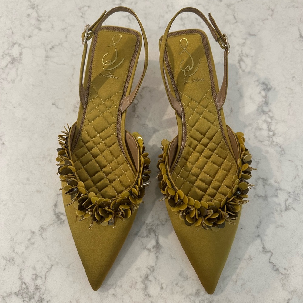 Elegant Gold Slingback Heels with Floral Detail